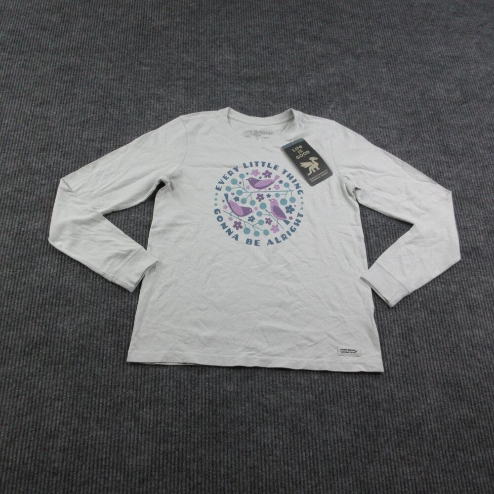 Life Is Good Shirt Womens S Petites Gray Crusher Long Sleeve Birds Graphic NWT